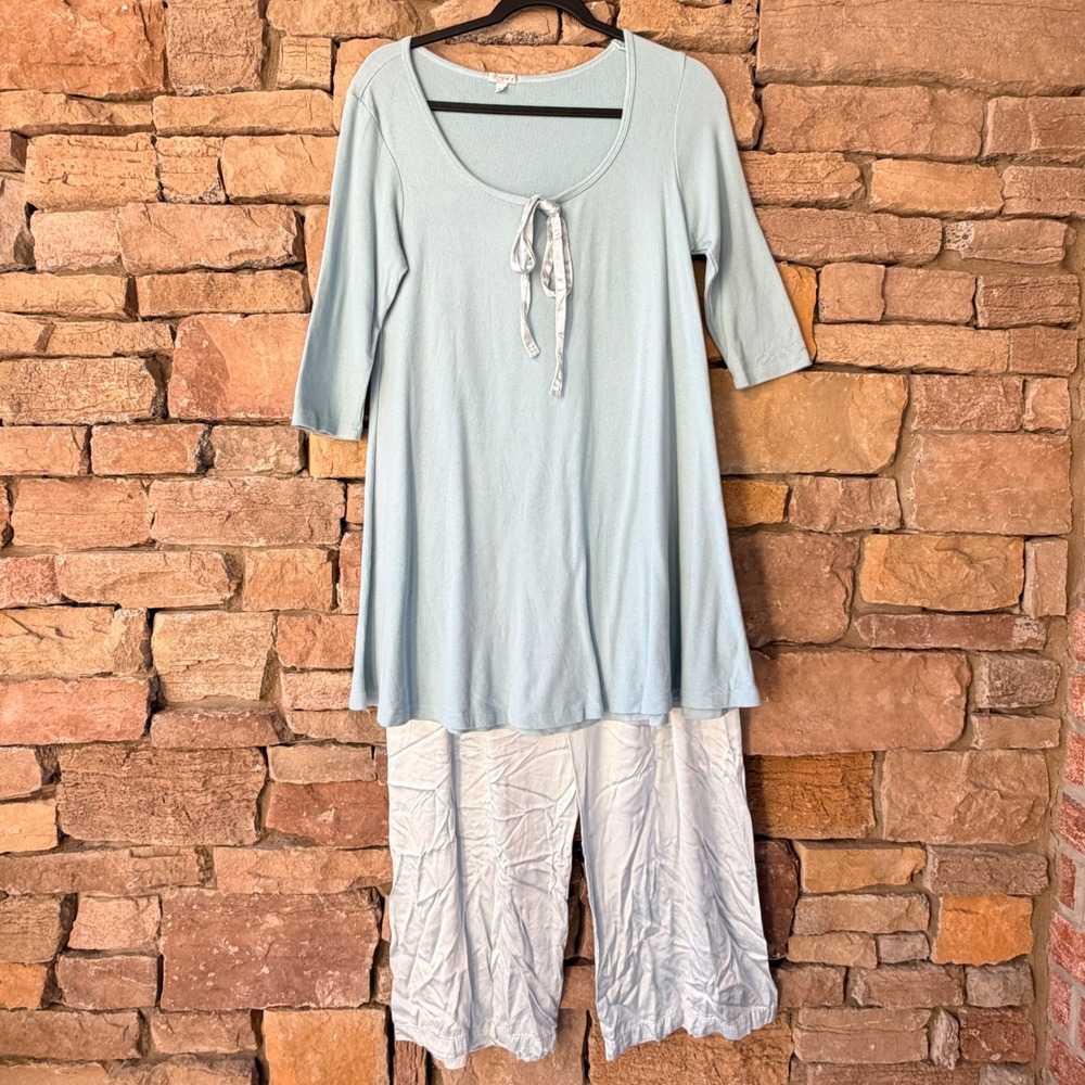 PJ Harlow Medium Blue Pajama Set Supima Cotton Modal Ribbed Top & Satin Pants